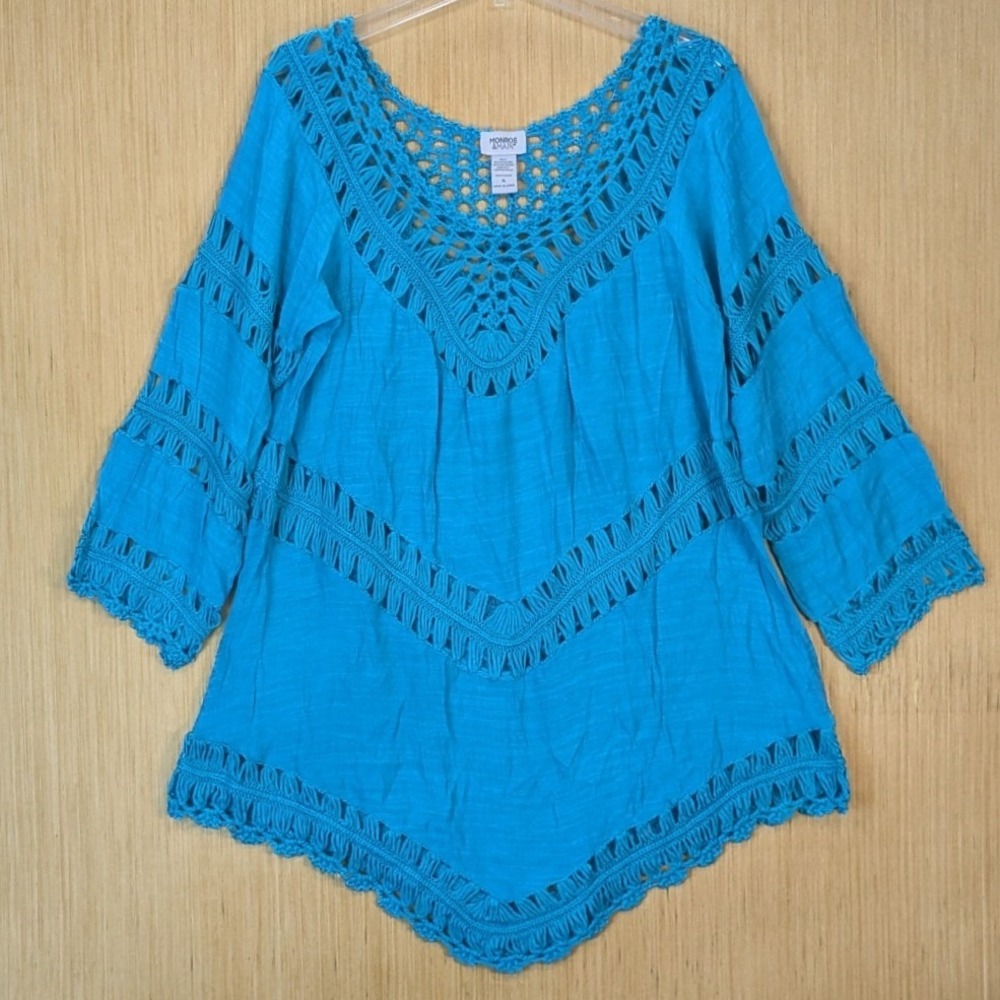 Womens Boho Beach Turquoise Blue Crochet Handkerchief Hem Blouse XL Cover Up Top